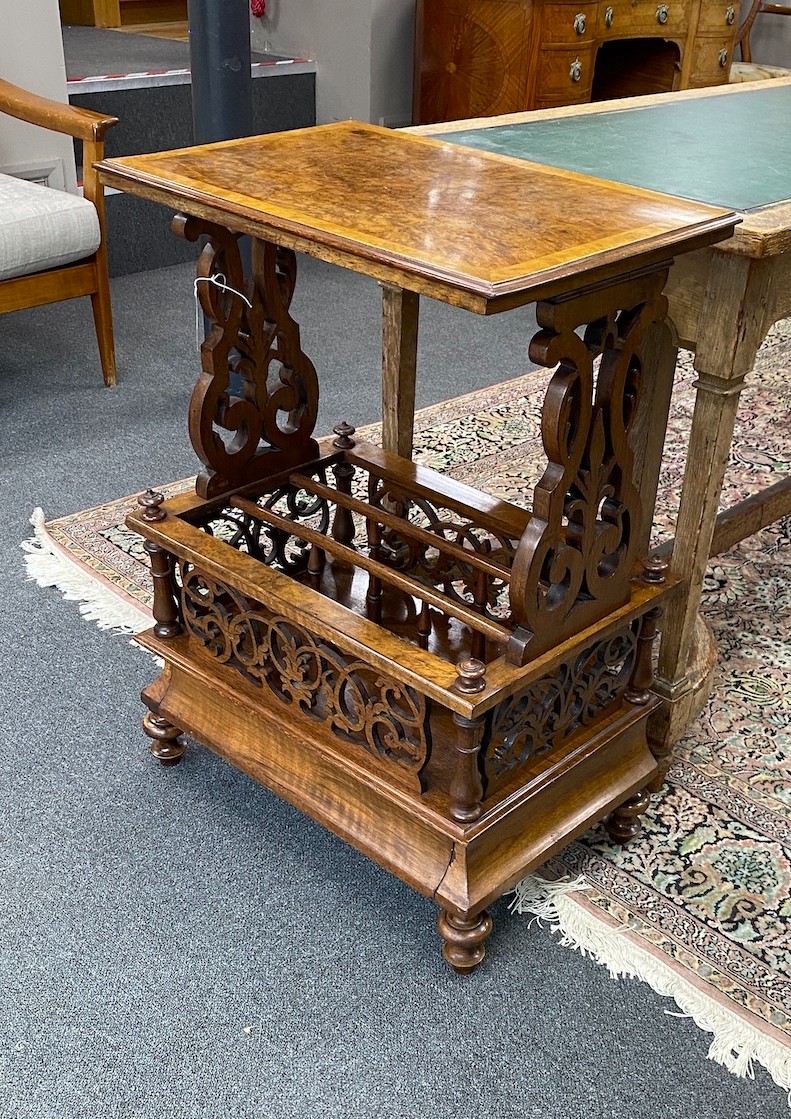 A Victorian and later walnut Canterbury whatnot, width 58cm, depth 37cm, height 80cm